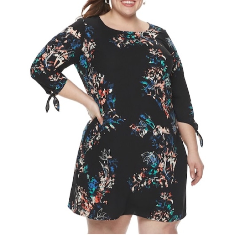 EVRI Black Floral Print Shift Dress Plus Size 1X